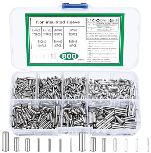 800 Pcs Wire Ferrules Kit, Electrical Crimp Connectors, Tinned Copper Ferrule Crimp Terminals, Non-Insulated Cable Pin Cord End Cable Terminal Connectors, Crimp Fitting Wire End Ferrules, 10-22 AWG
