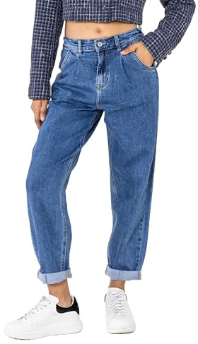 Nina Carter YY303 Damen High-Waist Baggy Jeans – Lässige Weit geschnittene Jeanshose Stretch-Denim Used Look (Blau (YY303-2), XS)