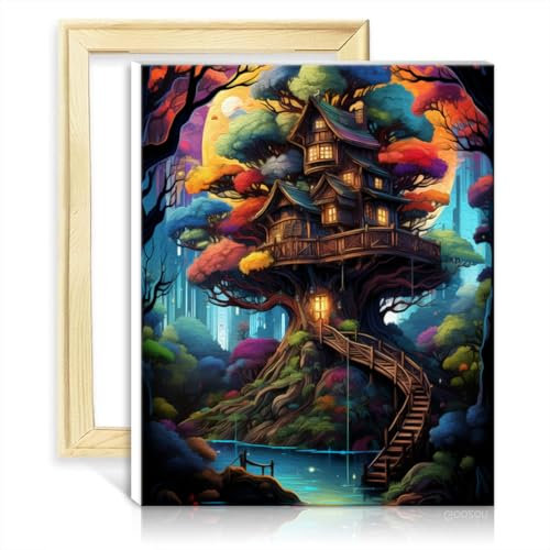 TANGFEIY Malset für die Wanddekoration, natürliches Baumhaus, DIY-Malen nach Zahlen mit Pinseln und Acrylpigmenten, dekorativ für Zuhause und Wohnzimmer, ohne Rahmen (40 x 50 cm)