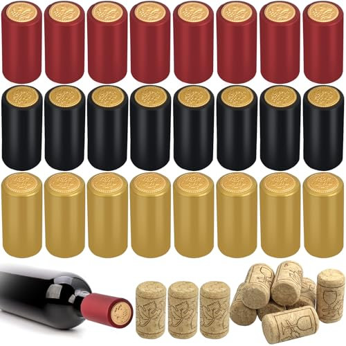 Roellgs 180Pcs 3 Color PVC Heat Shrink Capsules with Natural Wine Corks Stoppers, Wrap Seals Sleeves Caps Tops for Making Cellars Wine Bottles Ornament.