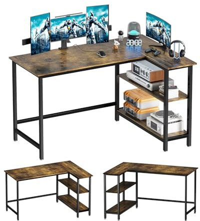 DOSDIOS L Shaped Desk, 110x80cm Gaming Computer Desk, Home Office Desk with Storage Shelf, Corner Table for Writing