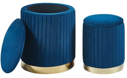 IlGruppone Set Di 2 Pouf Contenitore In Velluto Design Moderno Poggiapiedi,Sgabello Tondo con Coperchio Rimovibile e Seduta Imbottita Alta Densità Con Fascia In Metallo Capiente Storage Box - (Blu2)