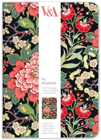 Museums & Galleries A5 V&A Lined Notebook - Peony and Prunus Artistic Floral Design - 160 Pages - Lay Flat Binding