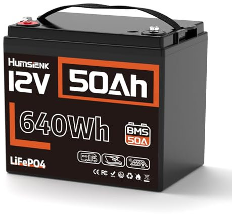 HumsiENK Lithium Battery 12V 50Ah LiFePO4 Batteries, Eingebautes 100A BMS, 15000 Deep Cycle Solarzellen