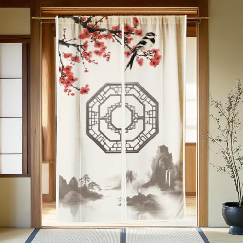 CHGCRAFT Rideau de Porte avec Peinture à L'Encre D'Oiseau - Séparation de Pièce Oriental pour Portes Pliantes - Décoration de Restaurant à Domicile