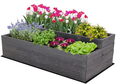 MODO24 Hochbeet Holz, 2-stufiger, Blumenkasten 36x117x63 cm, Grau | Komplettes Anzuchtset inkl. Schrauben, Dekoratives Gemüsebeet, Kräuterbeet & Blumenkasten für Garten und Terrasse