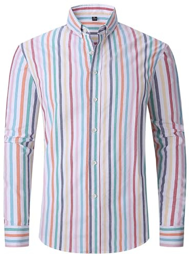 Rrongwn Camicia da uomo a maniche lunghe in lino, estiva a righe, slim fit, business, vintage, a maniche lunghe, traspirante, comoda, slim fit, da lavoro, Colore: rosa., XL