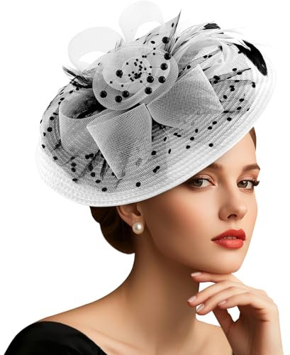 DRESHOW Mesh Damen Blume mit Perle Feder Fascinators Hut auf Einem Stirnband und Einem Gegabelten Clip Cocktail Tea Party Kopfbedeckung für Mädchen & Frauen Noble Kentucky Hut