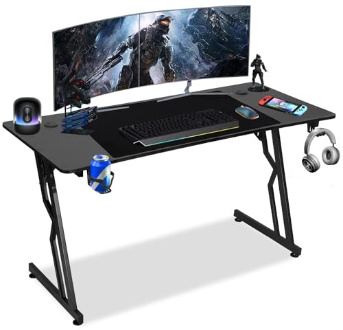 Jaxguom Gaming Tisch 140x60 cm,Gamer Tisch Schwarz Gamingtisch mit Kohlefaserbeschichtung,Zocker Tische mit Ergonomischer,Gamertisch mit Getränkehalter und Kopfhörerhaken PC Gamertisch
