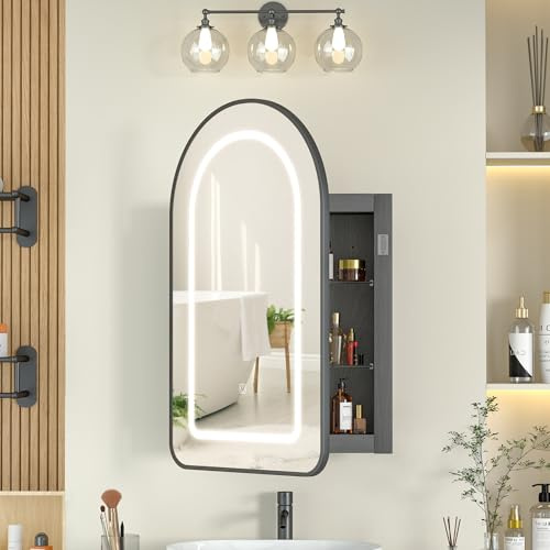 Mepplzian Spiegelschrank Bogen,Spiegelschrank Bad mit Beleuchtung,42 x 68cm | Gebürstet Schwarz Spiegelschrank Bad,Touch-Bedienung,Memory-Funktion,3 Farben,verstellbare Glasablagen,Einbau und Wandmontage