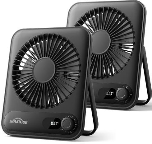 WHATOOK USB Ventilator Leiser 2 Stück: Stufenlos 1-100 Regler, 2000mAh Akku Tischventilator mit LED-Anzeige, Tragbarer Mini Ventilator für Tisch Schreibtisch Büro Zuhause Schlafzimmer