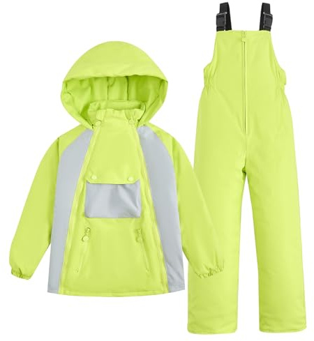 JiAmy Kids 2 Piece Snowsuit Set Winter Hooded Puffer Jacket & Snow Bib Pants Ultralight Outfit Boys & Girls Ski Suits Green 5-6T