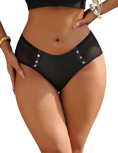 ohyeahlady Brazilian Slip Damen Sexy PU Leder Unterwäsche String Tanga | mit Nieten Mesh, mit Baumwoll Schrittpolster, Große Größen, Transparent, Curvy Dessous, Punk Stil, Stretch