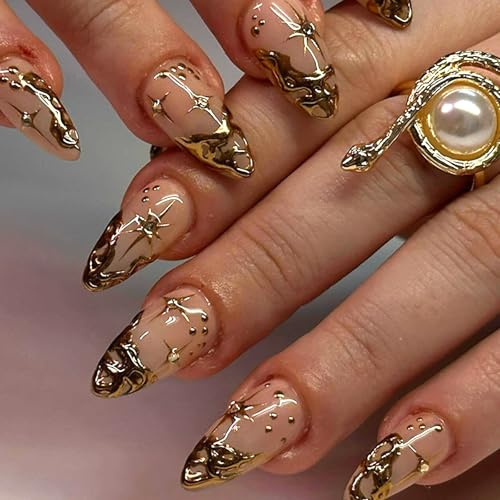 Viugex 24Pcs French Tip False Nails Almond Medium, 3D Gold Natural Glossy Press on Nails, Sun Moon Fake Nails, Elegant Reusable Acrylic Full Cover Stick on Nail for Women Girls Manicure Decorations
