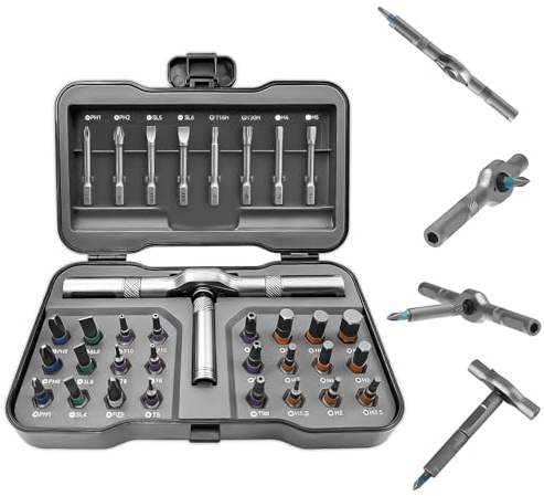 Set di Cacciaviti A Cricchetto, Set di Cacciaviti Magnetici 32 in 1 con Punte S2 e Albero Flessibile, Ideal per La Riparazione di Biciclette, la Manutenzione di Computer, Kit di Utensili Fai Da Te