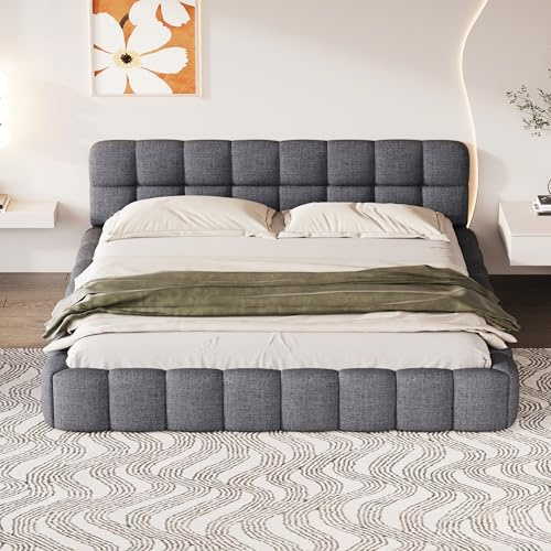 BPKADHY Bubble Bett 140x190 cm Polsterbett mit Lattenrost & gepolstertem Kopfteil, Doppelbett Jugendbett Bettgestell für Schlafzimmer, Gästezimmer, Leinen Grau, ohne Matratze