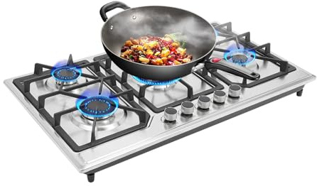 Plaque de cuisson à gaz 5 feux, 8000 W, encastrable de 58 cm, avec brûleur, cuisinière en verre avec supports en fonte, NG/LPG convertible, protection thermique automatique (5 feux, sans batterie)