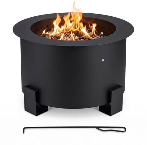 Relaxdays Feuerschale ohne Rauch, Stahl, HxØ 34x56 cm, Doppelwand-System, mit Schürhaken, raucharme Feuerstelle, schwarz