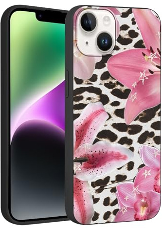 Aesthetic Floral Phone Case for iPhone 14/iPhone 13 6.1,Cartoon Leopard Lily Flowers Pattern Design Cheetah Cases Soft Silicone TPU Slim Shockproof Protective Bumper Phone Cover for Women Girls