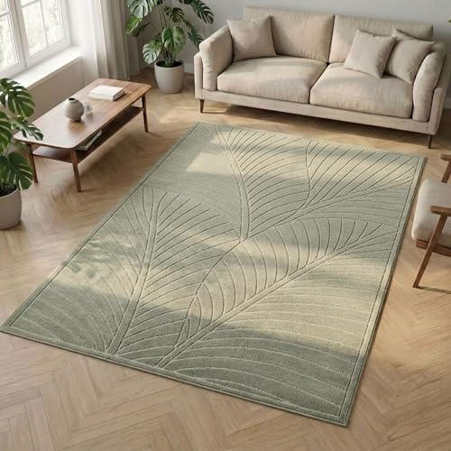 Carpetsale24 Kurzflor Teppich 280x370 cm XXL Grün Wohnzimmer, Schlafzimmer, Küche, 3D Hoch-Tief-Effekt, Skandinavisch Boho Motiv, für Outdoor Bereich geeignet Terrassen oder im Balkon