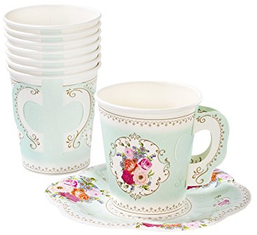 Talking Tables Pack of 12 Vintage Floral Afternoon Tea Saucer Truly Scrumptious | for Adults or Kids Birthday Party, Baby Shower,and Wedding, Paper, Cup Set Mint, Height 8cm, 3