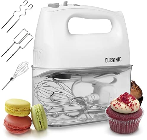 Duronic HM4 WE Batidora de Varillas, Batidora Amasadora Repostería 400W, 5 Velocidades. 2 Varillas Batidoras, 2 Ganchos, 1 Varilla Globo - Acero Inoxidable Grado Alimenticio - BPA Free - Color Blanco
