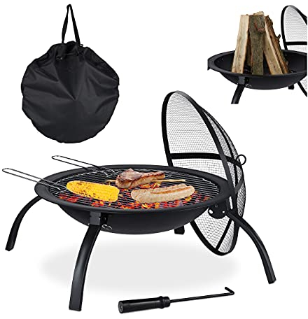 Relaxdays XL Feuerschale, mit Tasche, Grill Rost, Schürhaken, Funkenschutz Deckel, Garten, Terrasse, D 56,5 cm, schwarz