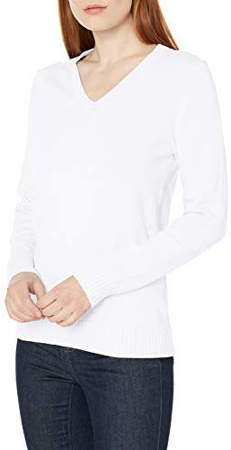 Amazon Essentials Pull Léger à Manches Longues et Col en V, 100% Coton Femme, Blanc, S