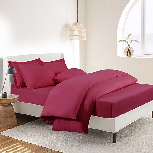 RUIKASI Super King Duvet Set 4 Piece Red - Superking Bedding Sets Microfiber Duvet Cover with Fitted Sheet and Pillow Cases