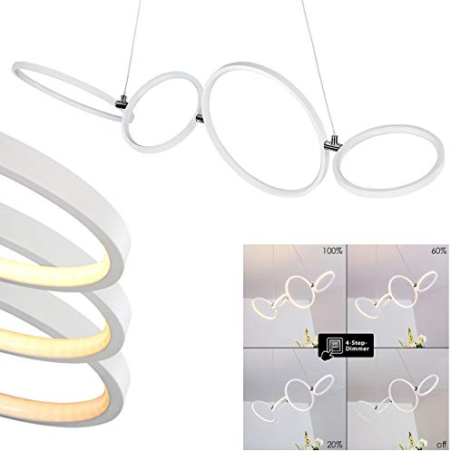 LED Hängeleuchte Rodekro, höhenverstellbare Hängelampe aus Metall in Weiß m. drehbaren Ringen, Höhe max. 164 cm, 37 Watt, 3300 Lumen, 3000 Kelvin, dimmbar ohne weiteres Zubehör über Lichtschalter