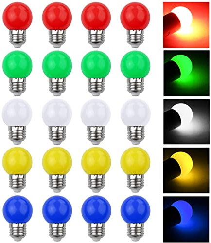 V-TOO 20 Pack Coloured Light Bulb E27 Screw Cap 3W Multi-Color Light Bulbs G45 Bulb Mood Ambiance Lighting for Home Decoration Party Patio Christmas Effect Lights Red Yellow Blue Green White