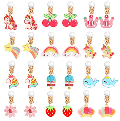 Hifot 12 Paare Clip Ohrringe Mädchen, Einhorn Regenbogen Erdbeere Blume Ohrclips Set Geburtstag Geschenk Party Favors Schmuck Zubehör für Kinder