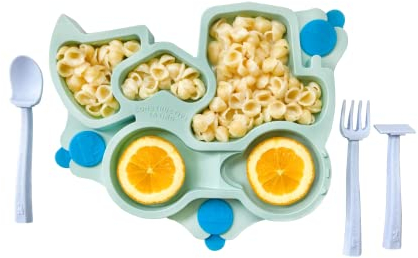 Constructive Eating Kindergeschirr Set - Bauwesen Teal LKW Bagger, Kinderbesteck, Langlebig, Spülmaschinenfest, Fördert Gesunde Essgewohnheiten der Kinder - Geschenk für wählerische Esser