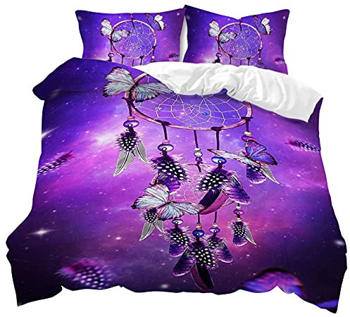 Mateju Parure de Lit 1/2 Personnes, 3D Sets de Housses de Couettes Ensemble de Literie avec Imprimé Attrape-rêves Housses Couette + 2 Taies d'oreillers (Papillon Violet,140x200cm)