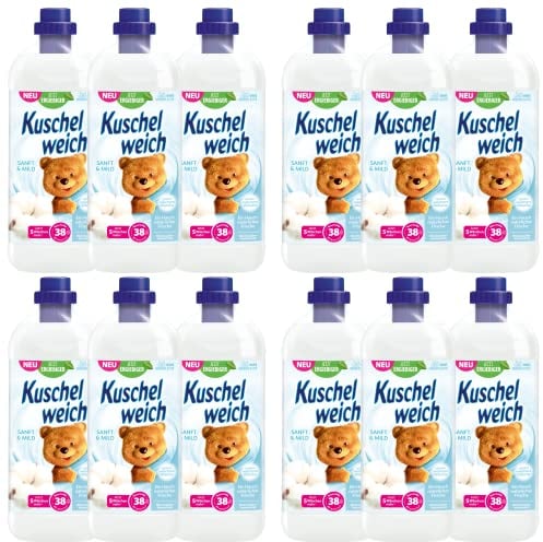 Kuschelweich Weichspüler Sanft & Mild, Weichspüler sensitiv und hautverträglich für spürbar weiche Wäsche, Weichspüler ohne Farbstoffe, praktischer Vorrat 12 x 1 Liter je 38 Waschladungen