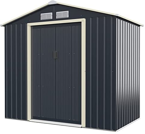 GOPLUS Metall Gerätehaus 2,71 m², 213 x 127 x 195 cm Gerätehaus, Geräteschuppen mit Schiebetür, Satteldach, Lüftungsfenster, Gartenhaus für Garten Terrasse Balkon (213 x 127 x 195cm)