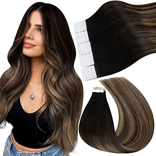 Ugeat Echthaar Extensions Tape Balayage Schwarz Glatt Tape Extensions Echthaar 35cm Braun Blond Haarverlängerung Unsichtbare 40g 20s für Datum #1B/4/27