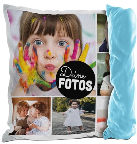 PR Print Royal Flauschiges Kissen mit Fotocollage selbst gestalten - mit 6 Fotos Personalisieren - Geschenk für Freunde und Familie | Rückseite Hellblau flauschig, inkl. Kissenfüllung, 40x40cm