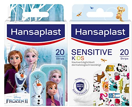 Hansaplast Kinderpflaster Sensitive (20 Strips), Wundpflaster mit niedlichen Tiermotiven zum Aufmuntern, schmerzlos zu entfernendes Pflaster Set + Kids FROZEN 2 Kinderpflaster (20 Strips)