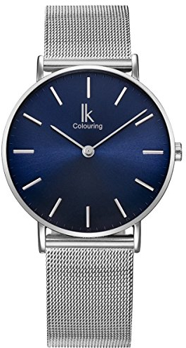 Alienwork Navy Blue Armbanduhr Herren Damen Silber Metall Mesh Armband Edelstahl Blau Ultra-flach