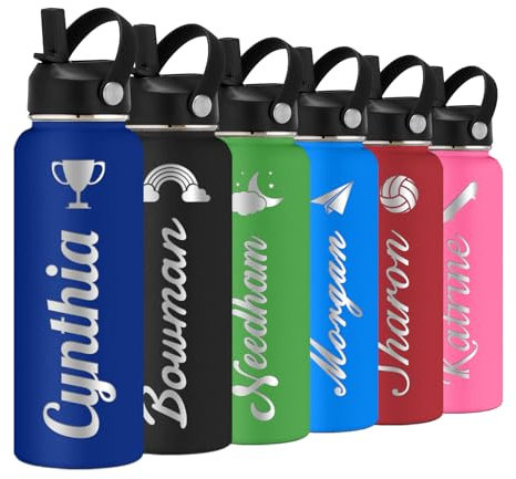 Bouteille d'eau Personnalisée avec Couvercle en Paille pour l'école,Bouteille d'eau de Sport Isolée en Acier Inoxydable Gravée sur Mesure avec nom pour Filles Garçons Femmes Hommes (8 couleurs)