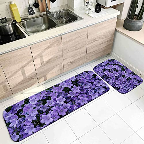 Vintage Teppich, Teppich Küche Waschbar Violett Blumen 40X60cm+40X120cm für Schuhschaber, Ideal für Den Innenbereich