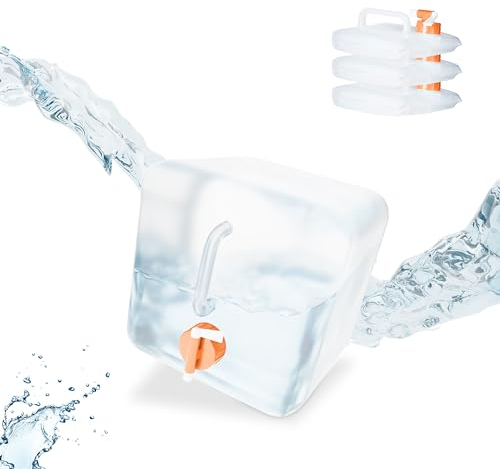 Relaxdays Tanica da Campeggio Pieghevole, Set da 4, con Rubinetto, Plastica Senza BPA, 5 Litri, Trasparente Arancione, Gommapiuma