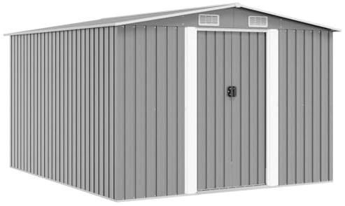 Abri de rangement d'extérieur en métal, 259 x 300 x 178 cm, abri à outils de jardin avec doubles portes coulissantes et aérations, armoire utilitaire en acier gris résistant aux intempéries pour