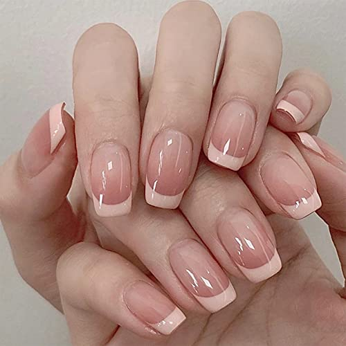 24pcs French Tip False Nails Short Square Stick on Nails Pink Ombre White Edge Press on Nail Removable Glue on Acrylic Full Cover Fake Nail Art Accessories for Women Girls