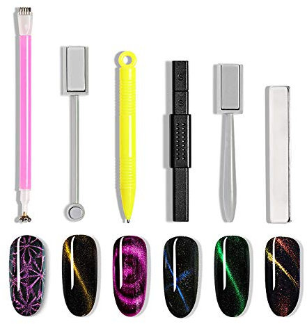 RoseFlower 6pcs Nail Magnet Tool Set, Magnet Plate Wand Board for DIY 3D Magnetic Cat Eye Gel Polish Nail Art Tools, Cat Eye Magnetic Stick Pen Women Nails Magnets Wand for Salon Studio Home