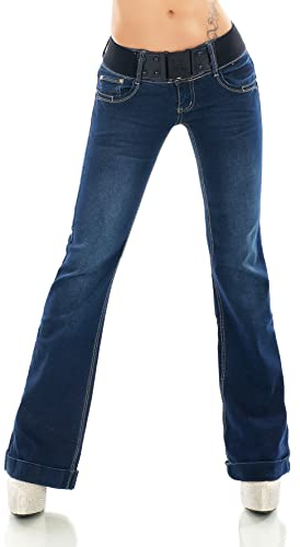 Damen Hüft Bootcut Jeans Hose Schlag Flarecut Stretch Denim Umschlagsaum Gürtel (as3, Alpha, x_s, Regular, Regular, Dunkelblau/381-15)