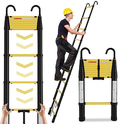 Ikodm 3.2M Aluminium Teleskopleiter mit Abnehmbarem Haken, Ausziehbare Leiter Mehrzweckleiter Belastung 150 kg, mit Ein-Knopf-Rückzugsfunktion, Langsam einfahrendes, Schwarz Gelb