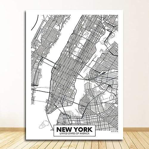 Leinwand Bilder,New York, Usa, Stadtplan, Wandkunst, Bilder, Große Poster, Moderne Schwarze Linien, Drucke, Rechteckige Pop-Wandbilder, Kunstwerk Für Wohnzimmer, Schlafzimmer, Heimdekoration, 50 X