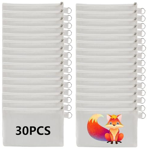 OKBA 30 pezzi di sublimazione vuoti, borse per il trucco, in tela bianca, con cerniera, borse in poliestere per sublimazione fai da te